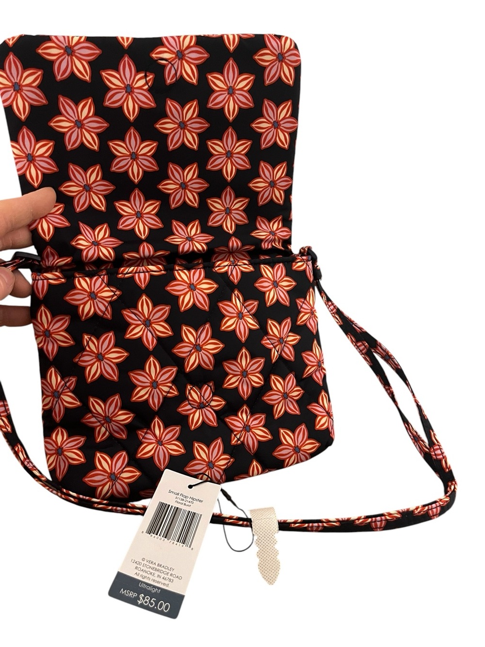 Vera Bradley Navy Blue and Floral Crossbody Bag with Red-Orange Star Pattern - Picture 2 of 3